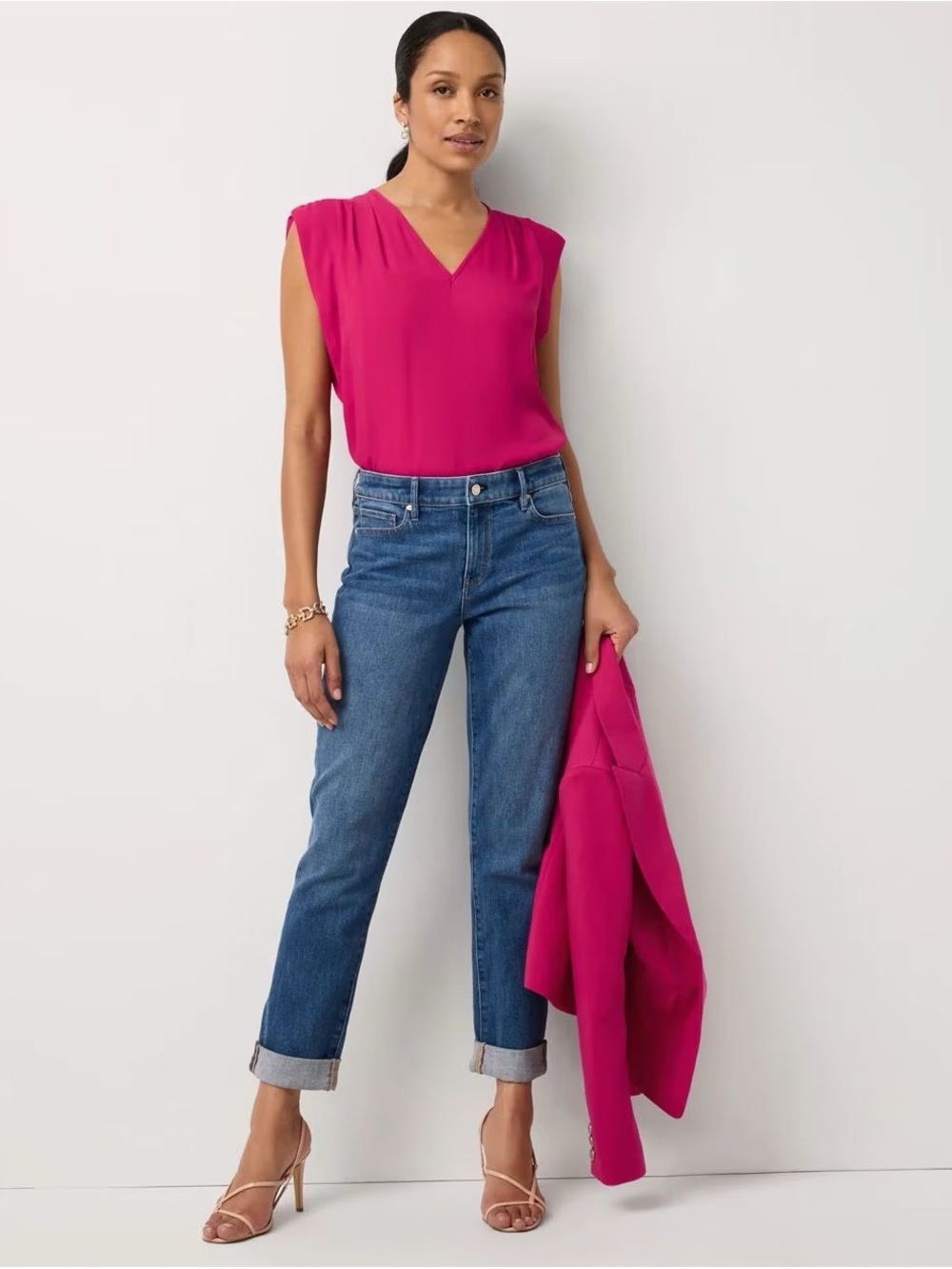 WHBM Women’s Mid-Rise Straight Girlfriend Jeans in Dark Blue